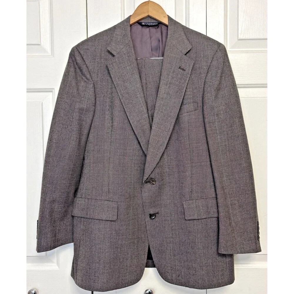 Austin Reed 2 Piece Suit Mens 42R 38x30 Tan Windowpane Houndstooth Check Wool